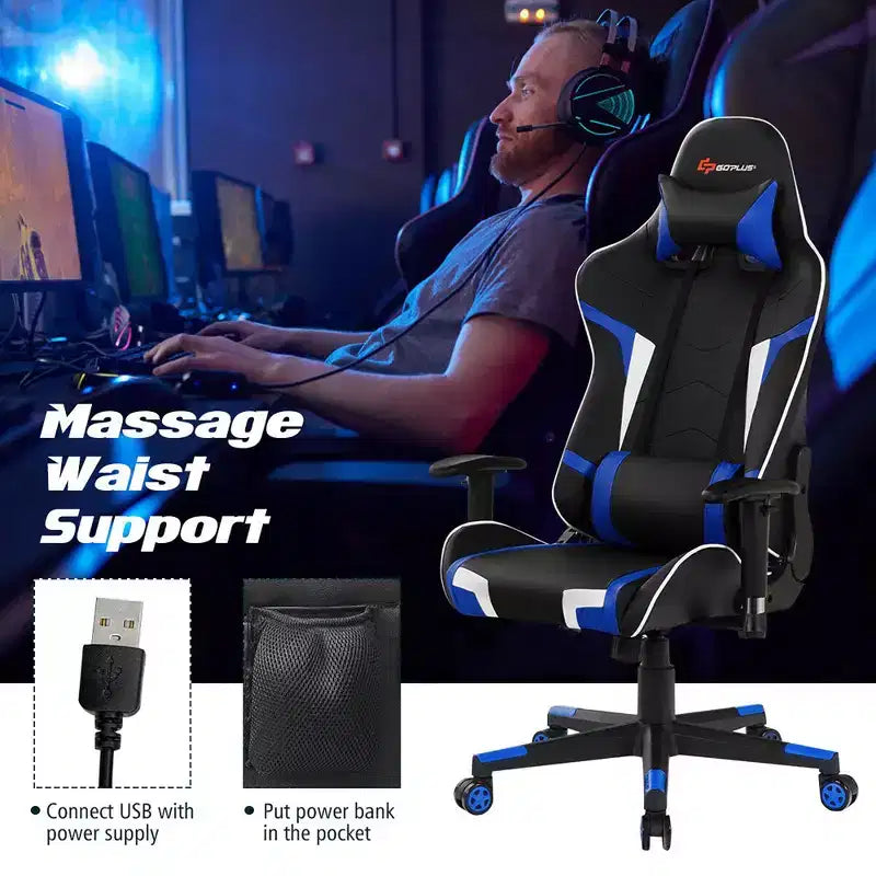Chaise de bureau de jeu de massage inclinable et pivotante Costway avec support lombaire