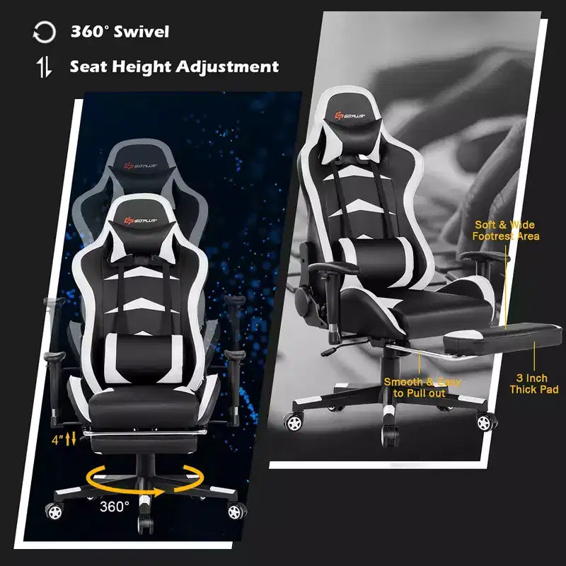 Costway Chaise de bureau gamer inclinable et pivotante avec repose-pieds de massage