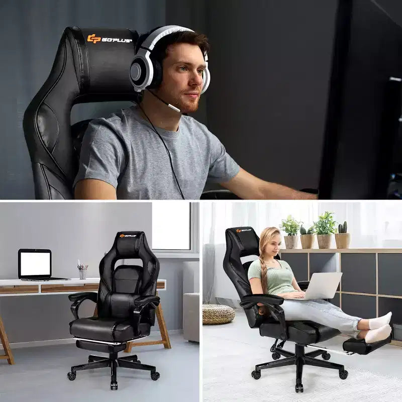 Costway Fauteuil de Massage Gaming Inclinable, Fauteuil de Bureau de Course pour Ordinateur avec Repose-Pieds Blanc/Noir/Bleu/Rouge