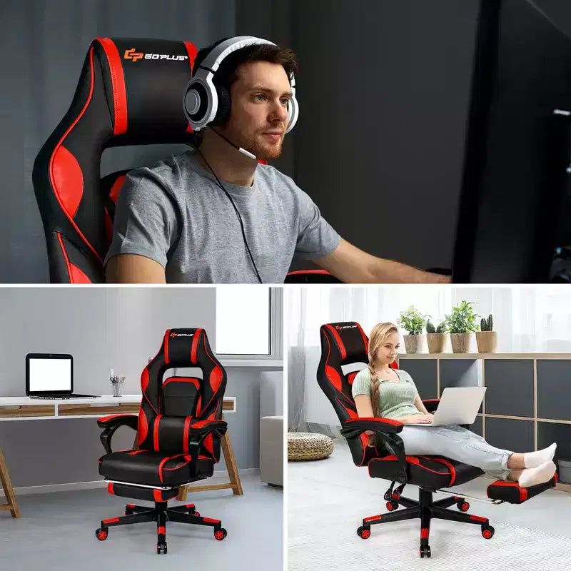 Costway Fauteuil de Massage Gaming Inclinable, Fauteuil de Bureau de Course pour Ordinateur avec Repose-Pieds Blanc/Noir/Bleu/Rouge