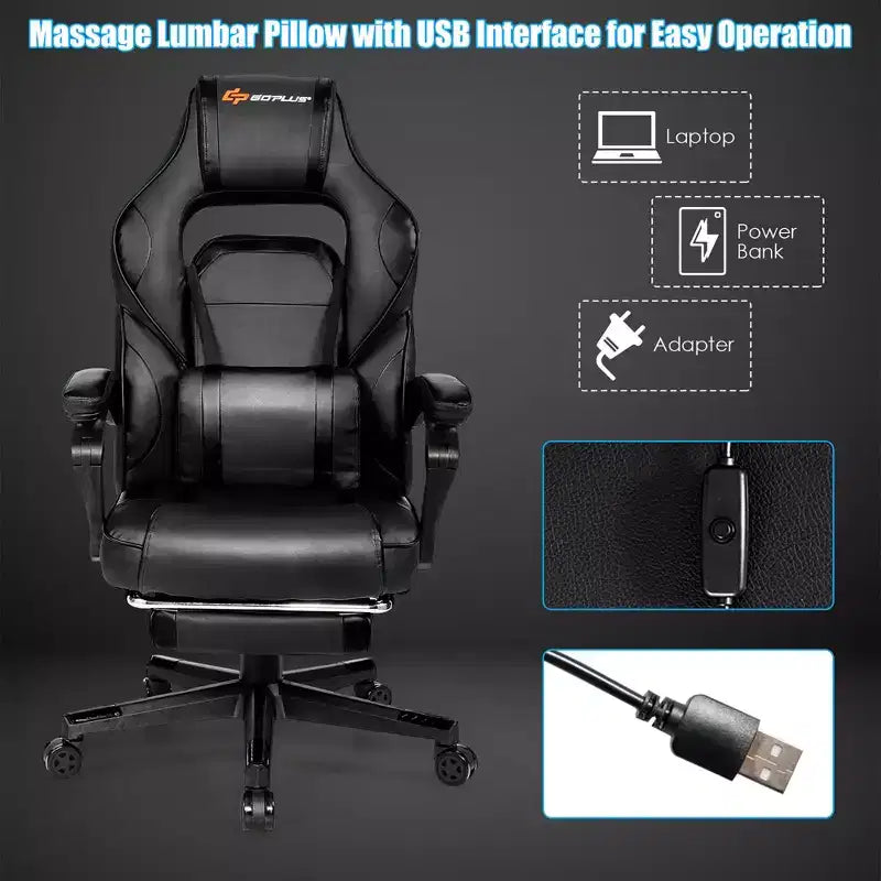 Costway Fauteuil de Massage Gaming Inclinable, Fauteuil de Bureau de Course pour Ordinateur avec Repose-Pieds Blanc/Noir/Bleu/Rouge