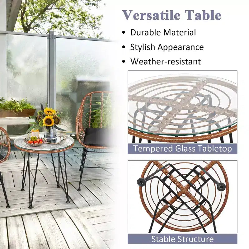 Costway Ensemble de bistro 3 pièces en rotin pour terrasse, table basse, fauteuil de jardin