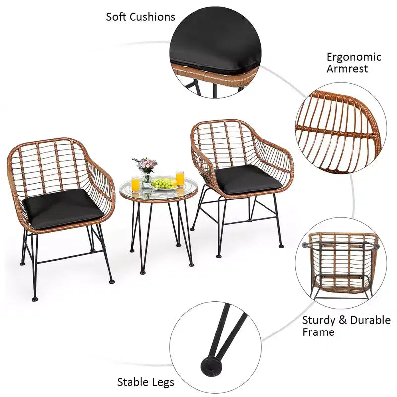 Costway Ensemble de bistro 3 pièces en rotin pour terrasse, table basse, fauteuil de jardin