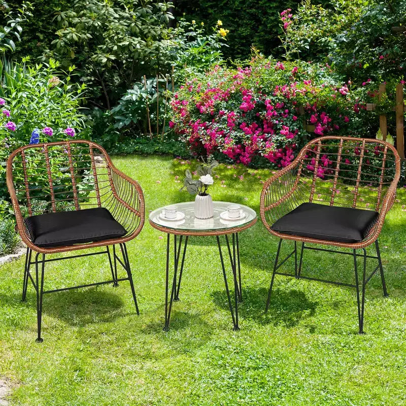 Costway Ensemble de bistro 3 pièces en rotin pour terrasse, table basse, fauteuil de jardin