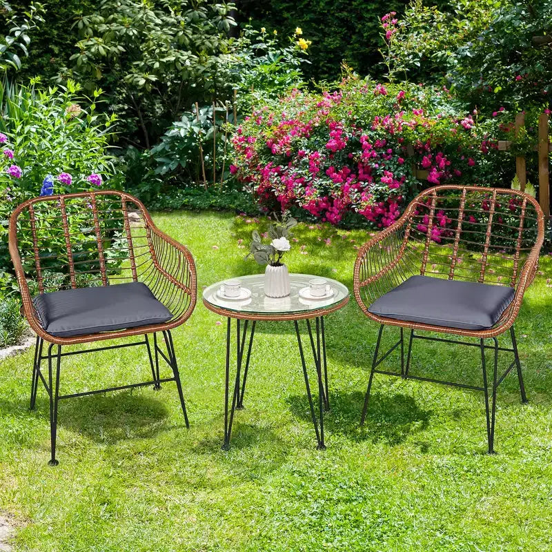 Costway Ensemble de bistro 3 pièces en rotin pour terrasse, table basse, fauteuil de jardin