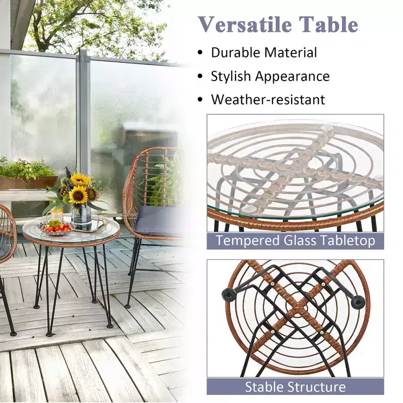 Costway Ensemble de bistro 3 pièces en rotin pour terrasse, table basse, fauteuil de jardin