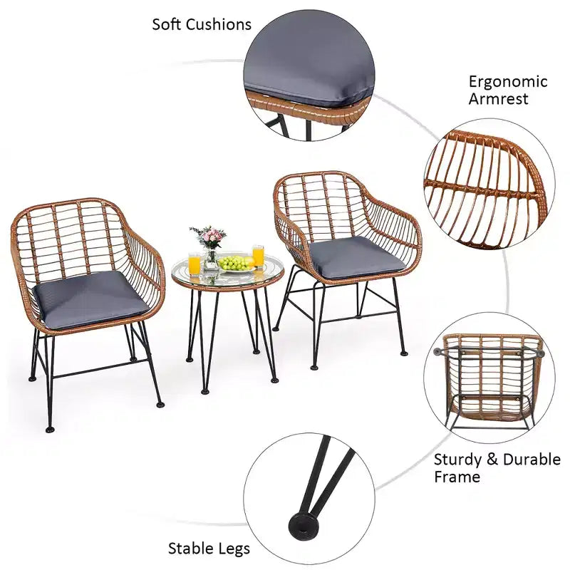 Costway Ensemble de bistro 3 pièces en rotin pour terrasse, table basse, fauteuil de jardin