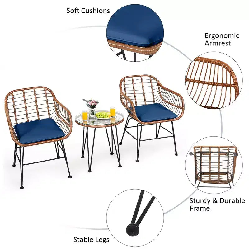 Costway Ensemble de bistro 3 pièces en rotin pour terrasse, table basse, fauteuil de jardin