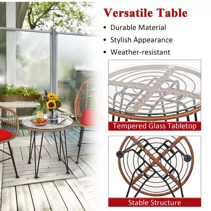 Costway Ensemble de bistro 3 pièces en rotin pour terrasse, table basse, fauteuil de jardin