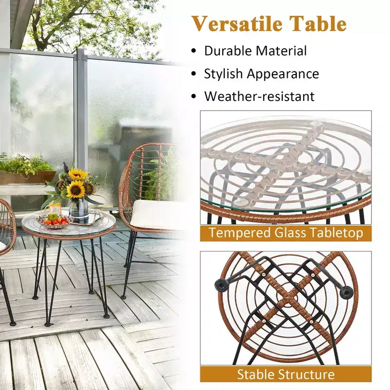 Costway Ensemble de bistro 3 pièces en rotin pour terrasse, table basse, fauteuil de jardin