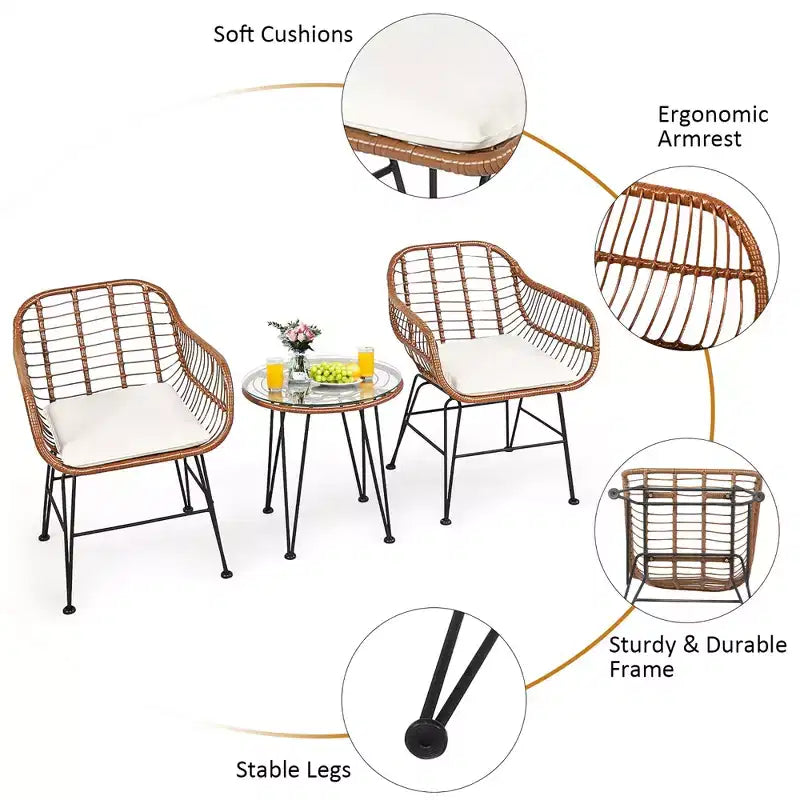 Costway Ensemble de bistro 3 pièces en rotin pour terrasse, table basse, fauteuil de jardin