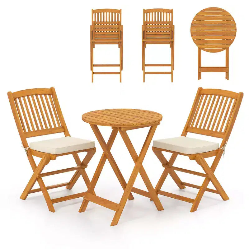 Costway Ensemble bistro pliable en bois 3 pièces pour patio, chaises avec coussins, conversation