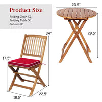 Costway Ensemble bistro pliable en bois 3 pièces pour patio, chaises avec coussins, conversation