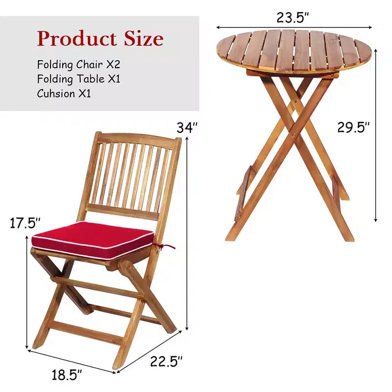 Costway Ensemble bistro pliable en bois 3 pièces pour patio, chaises avec coussins, conversation