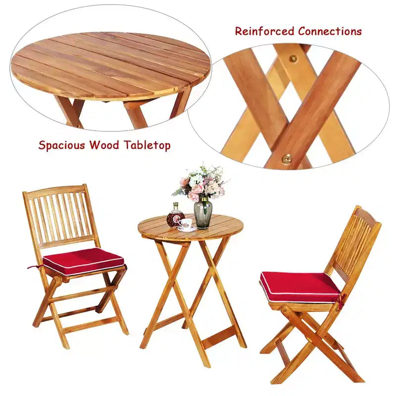 Costway Ensemble bistro pliable en bois 3 pièces pour patio, chaises avec coussins, conversation