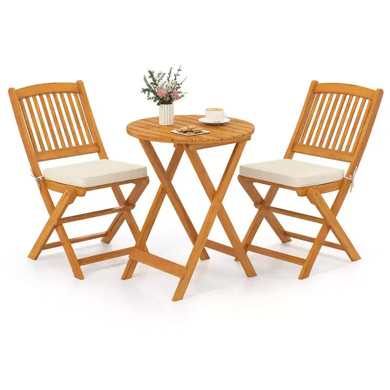 Costway Ensemble bistro pliable en bois 3 pièces pour patio, chaises avec coussins, conversation
