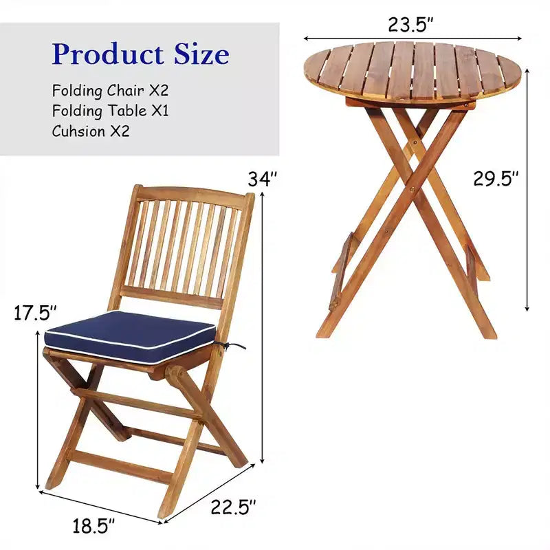 Costway Ensemble bistro pliable en bois 3 pièces pour patio, chaises avec coussins, conversation