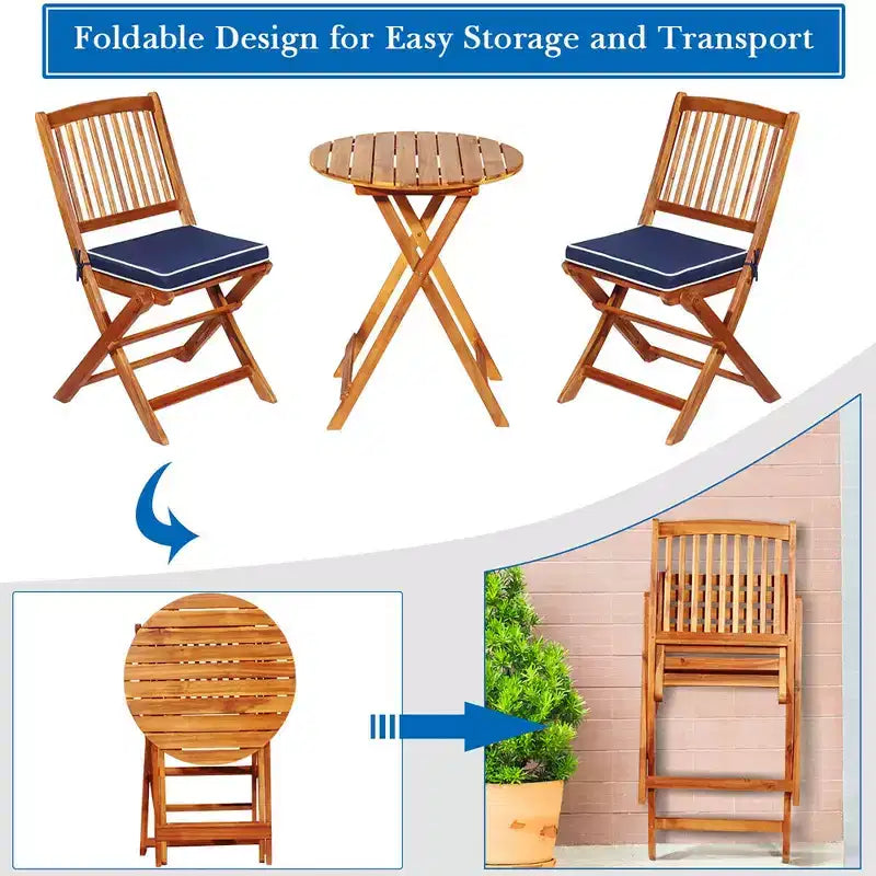 Costway Ensemble bistro pliable en bois 3 pièces pour patio, chaises avec coussins, conversation