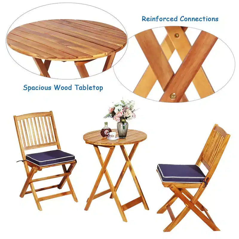 Costway Ensemble bistro pliable en bois 3 pièces pour patio, chaises avec coussins, conversation