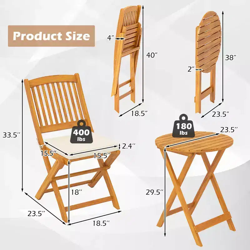 Costway Ensemble bistro pliable en bois 3 pièces pour patio, chaises avec coussins, conversation