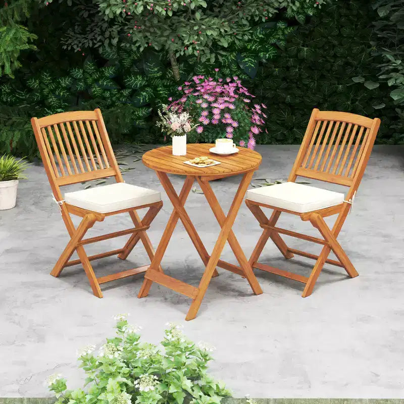 Costway Ensemble bistro pliable en bois 3 pièces pour patio, chaises avec coussins, conversation