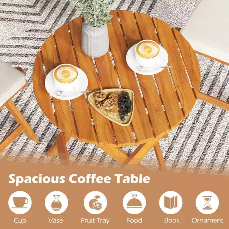 Costway Ensemble bistro pliable en bois 3 pièces pour patio, chaises avec coussins, conversation