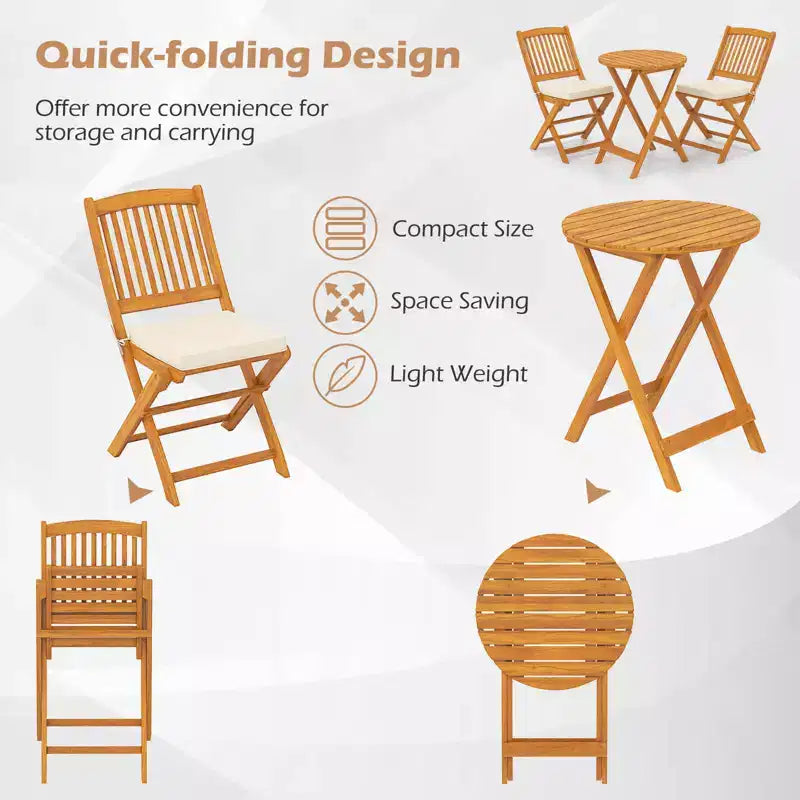 Costway Ensemble bistro pliable en bois 3 pièces pour patio, chaises avec coussins, conversation