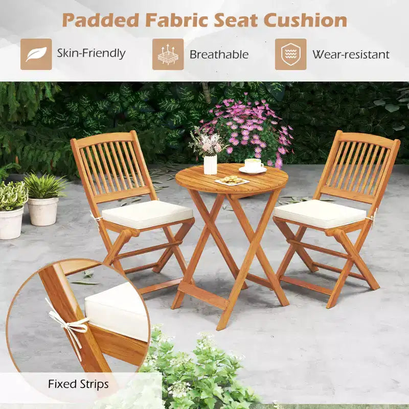 Costway Ensemble bistro pliable en bois 3 pièces pour patio, chaises avec coussins, conversation