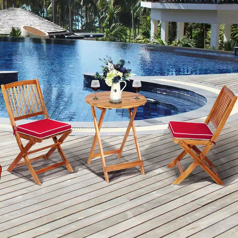Costway Ensemble bistro pliable en bois 3 pièces pour patio, chaises avec coussins, conversation