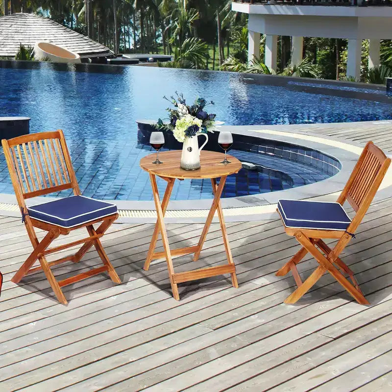 Costway Ensemble bistro pliable en bois 3 pièces pour patio, chaises avec coussins, conversation