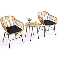 Costway Ensemble de Meubles de Bistro 3 Pièces en Rotin pour Patio avec Chaises Coussins et Table