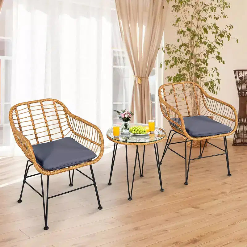 Costway Ensemble de Meubles de Bistro 3 Pièces en Rotin pour Patio avec Chaises Coussins et Table
