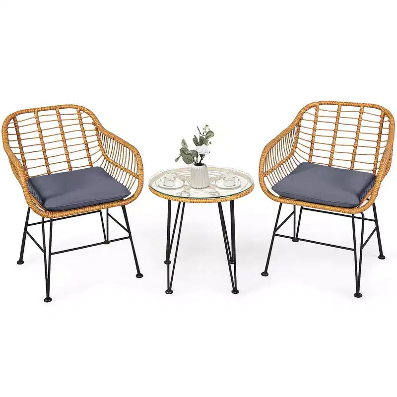 Costway Ensemble de Meubles de Bistro 3 Pièces en Rotin pour Patio avec Chaises Coussins et Table
