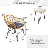 Costway Ensemble de Meubles de Bistro 3 Pièces en Rotin pour Patio avec Chaises Coussins et Table