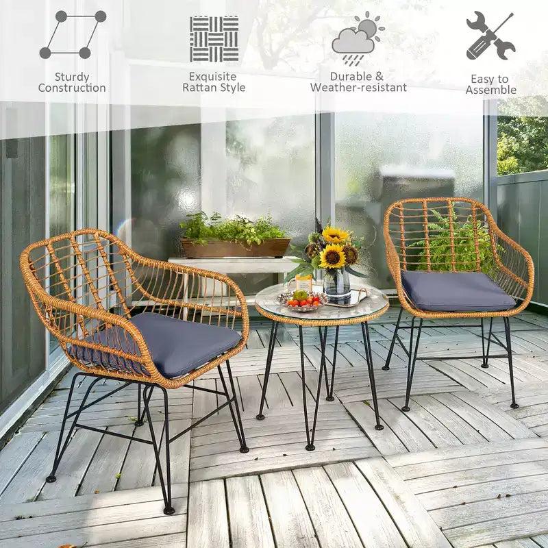 Costway Ensemble de Meubles de Bistro 3 Pièces en Rotin pour Patio avec Chaises Coussins et Table
