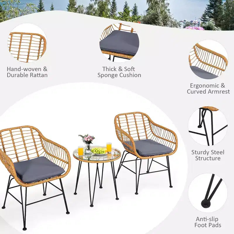 Costway Ensemble de Meubles de Bistro 3 Pièces en Rotin pour Patio avec Chaises Coussins et Table