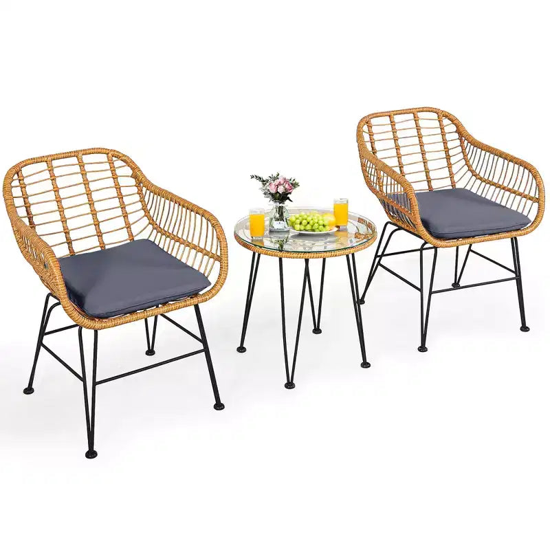 Costway Ensemble de Meubles de Bistro 3 Pièces en Rotin pour Patio avec Chaises Coussins et Table