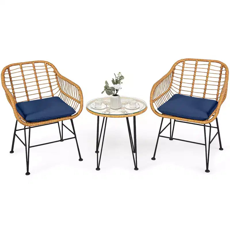 Costway Ensemble de Meubles de Bistro 3 Pièces en Rotin pour Patio avec Chaises Coussins et Table