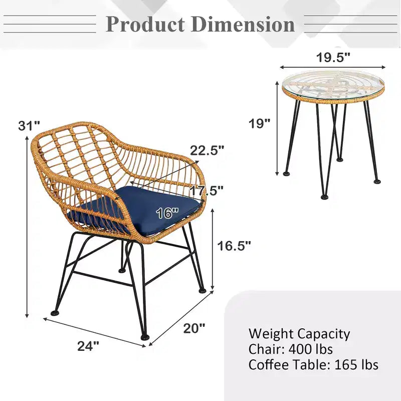 Costway Ensemble de Meubles de Bistro 3 Pièces en Rotin pour Patio avec Chaises Coussins et Table