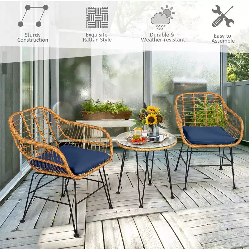 Costway Ensemble de Meubles de Bistro 3 Pièces en Rotin pour Patio avec Chaises Coussins et Table
