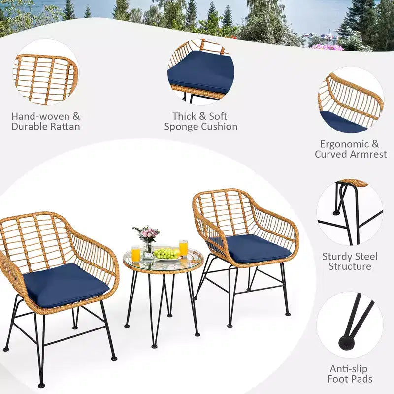 Costway Ensemble de Meubles de Bistro 3 Pièces en Rotin pour Patio avec Chaises Coussins et Table
