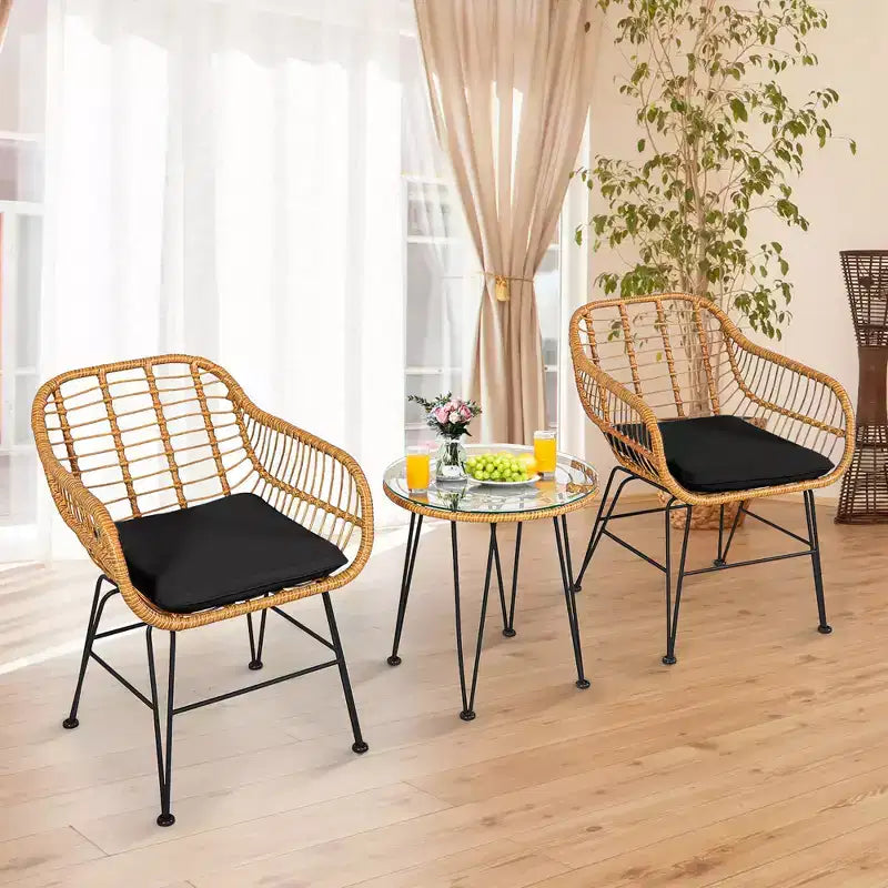 Costway Ensemble de Meubles de Bistro 3 Pièces en Rotin pour Patio avec Chaises Coussins et Table