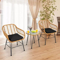Costway Ensemble de Meubles de Bistro 3 Pièces en Rotin pour Patio avec Chaises Coussins et Table