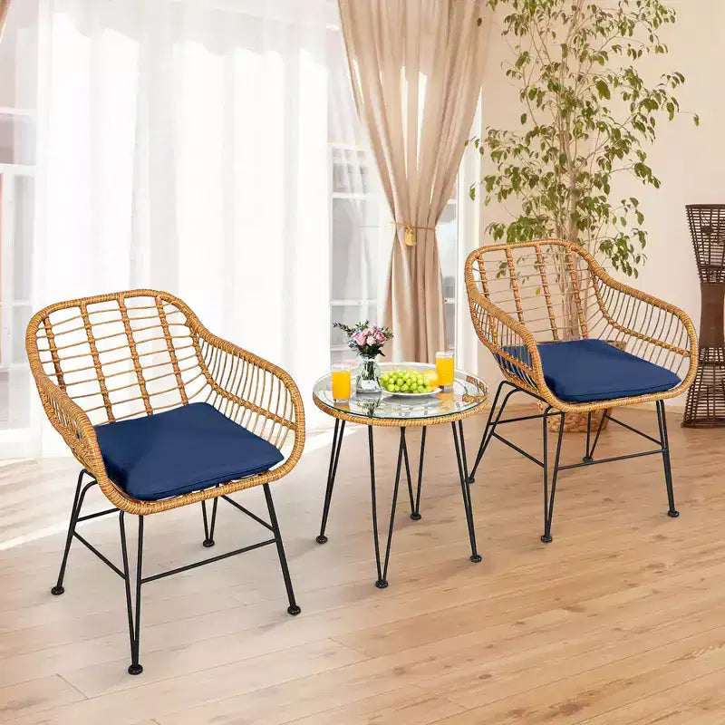 Costway Ensemble de Meubles de Bistro 3 Pièces en Rotin pour Patio avec Chaises Coussins et Table