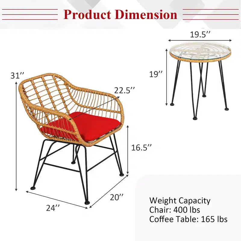 Costway Ensemble de Meubles de Bistro 3 Pièces en Rotin pour Patio avec Chaises Coussins et Table