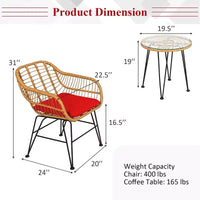 Costway Ensemble de Meubles de Bistro 3 Pièces en Rotin pour Patio avec Chaises Coussins et Table