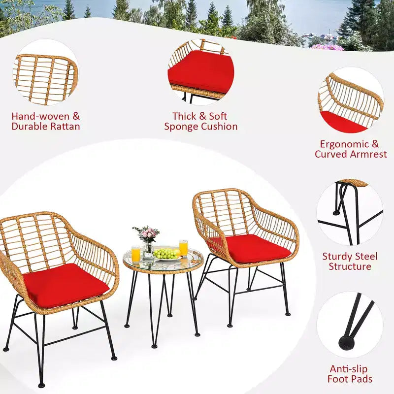 Costway Ensemble de Meubles de Bistro 3 Pièces en Rotin pour Patio avec Chaises Coussins et Table