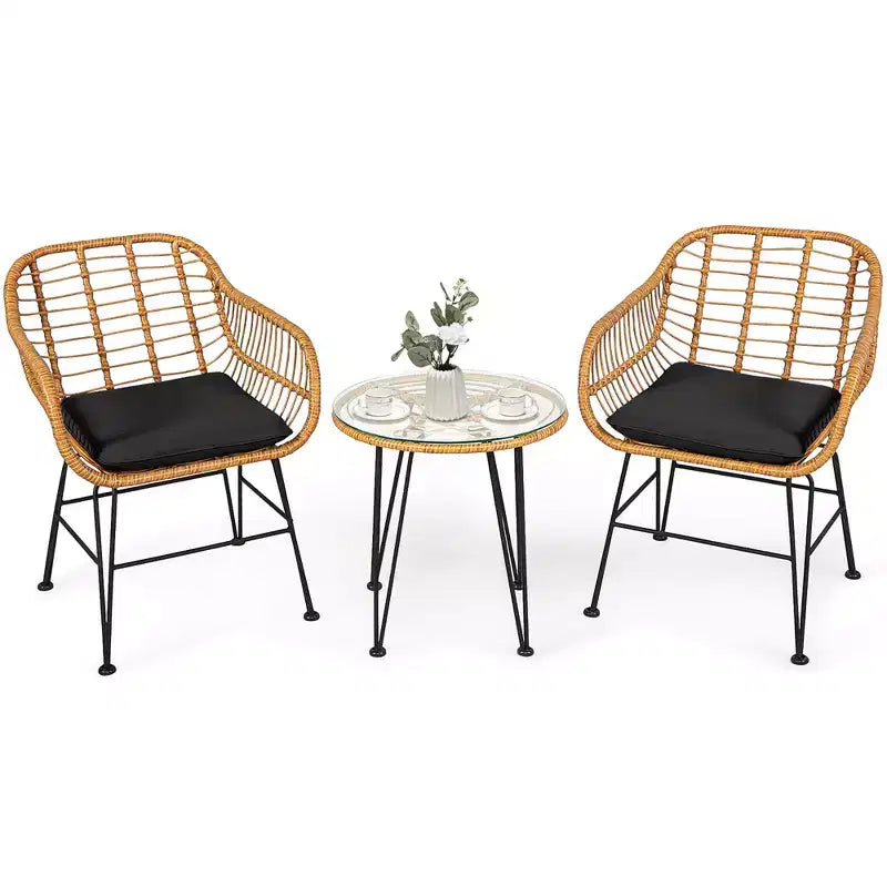 Costway Ensemble de Meubles de Bistro 3 Pièces en Rotin pour Patio avec Chaises Coussins et Table
