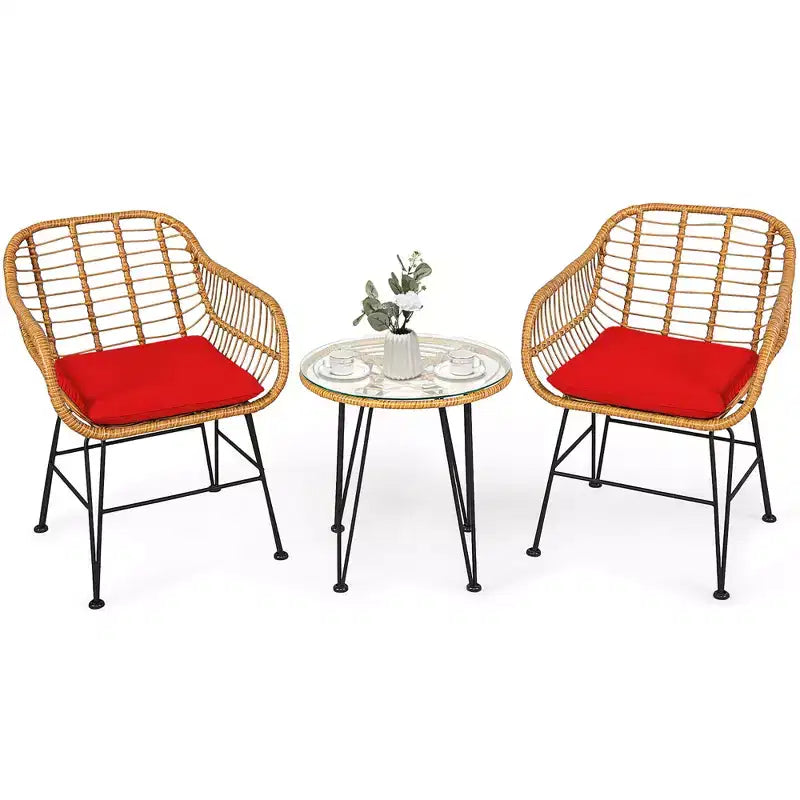 Costway Ensemble de Meubles de Bistro 3 Pièces en Rotin pour Patio avec Chaises Coussins et Table