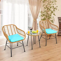 Costway Ensemble de Meubles de Bistro 3 Pièces en Rotin pour Patio avec Chaises Coussins et Table